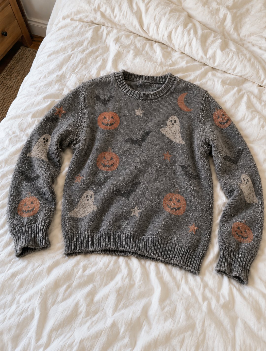 My old Halloween jumper, faded and bobbled, laid out on the bed