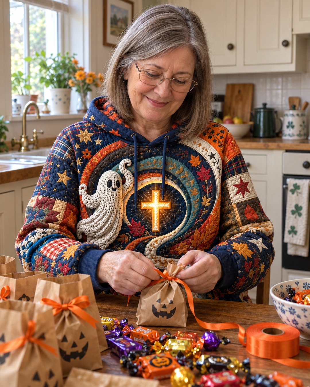 Bernie in the Autumn Faith Swirl Hoodie, filling sweet bags at the kitchen table
