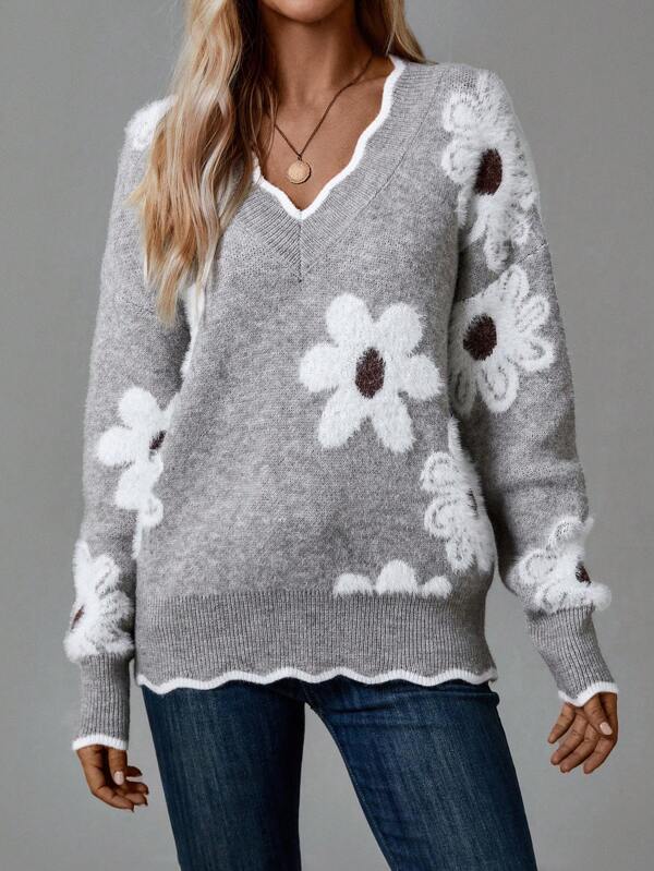 PAULA | ELEGANT FLORAL SWEATER WITH V-NECK