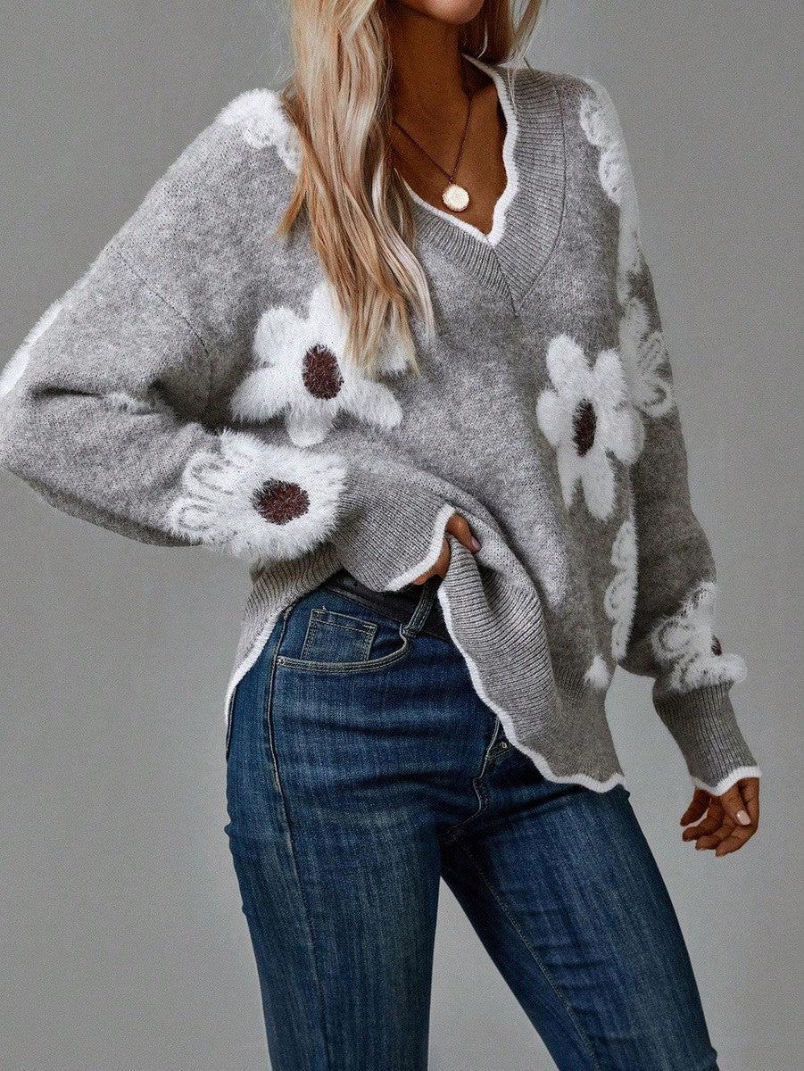PAULA | ELEGANT FLORAL SWEATER WITH V-NECK