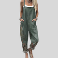 Dungarees in Olive Green with Floral Trim