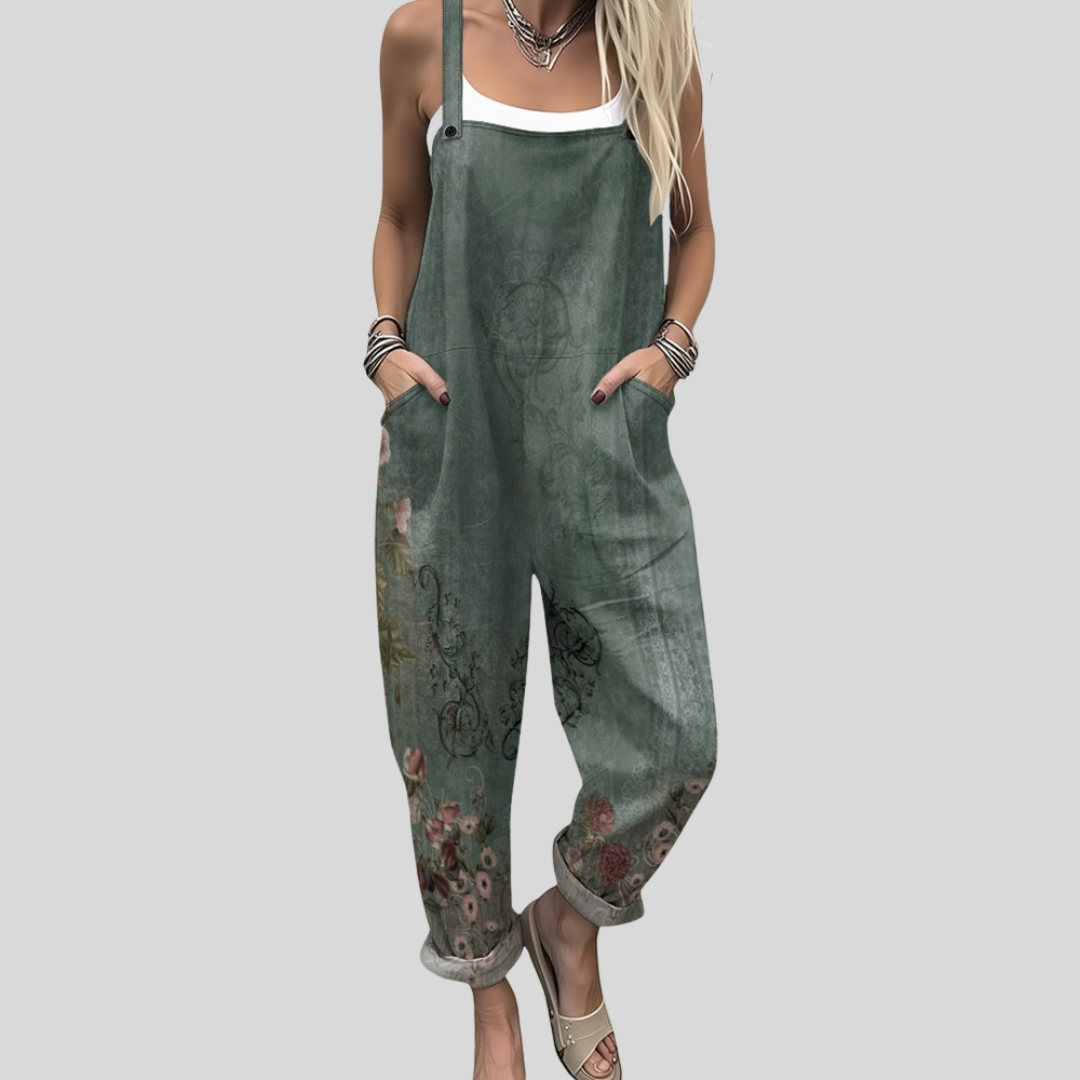 Dungarees in Olive Green with Floral Trim