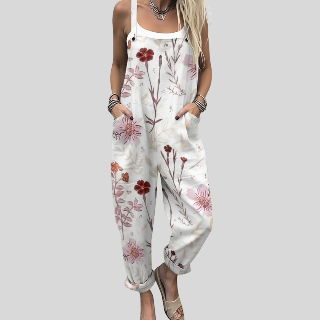 White Dungarees with Red Flowers