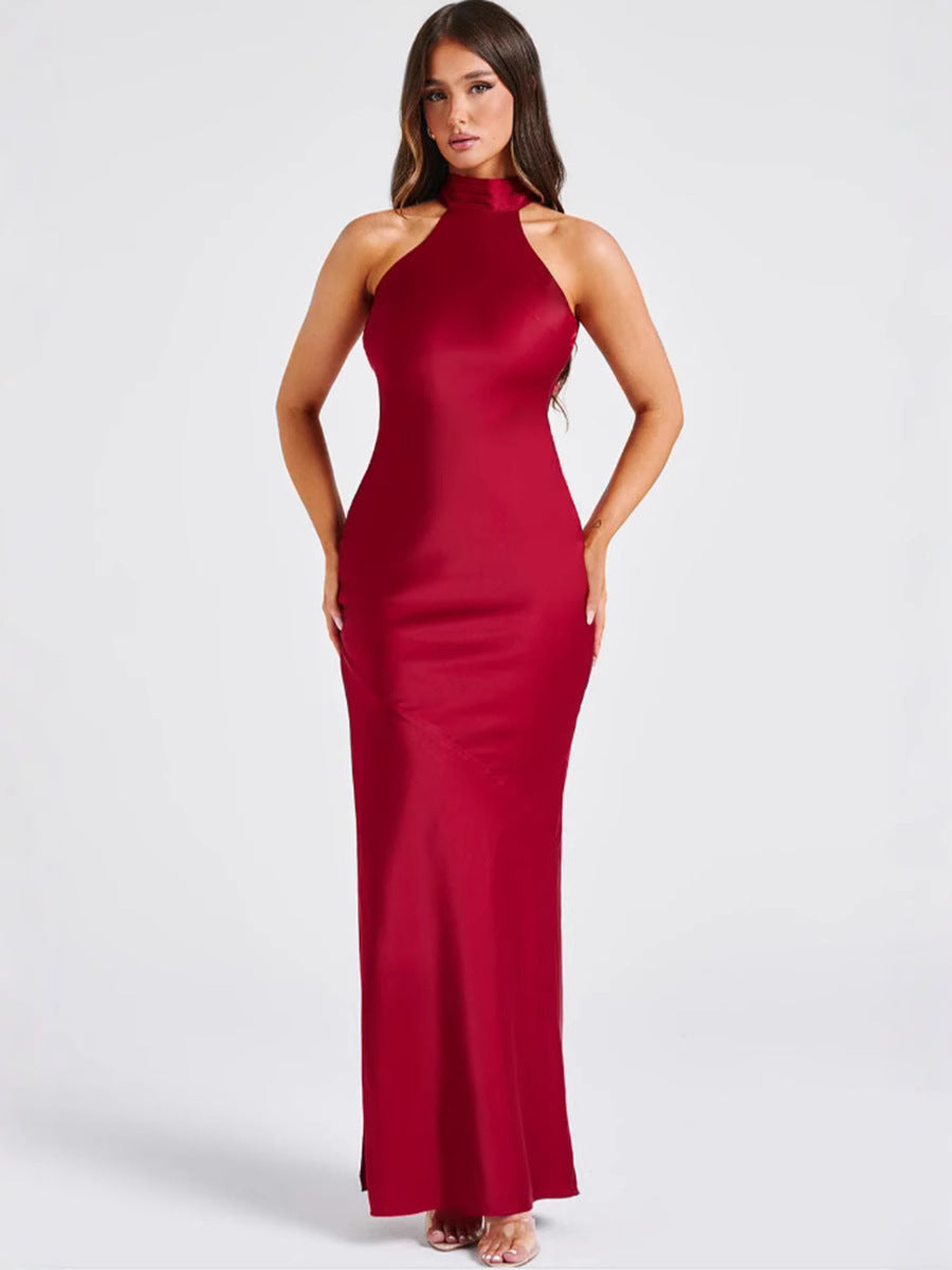 ZEYNEP | Elegant Satin Maxi Dress with Halter Neck
