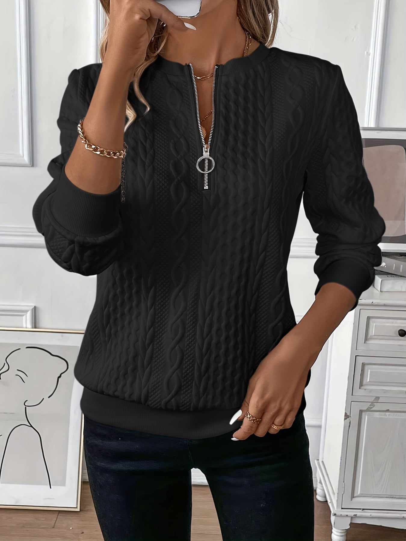 Amalie - Cable Knit Zip Sweater for Women