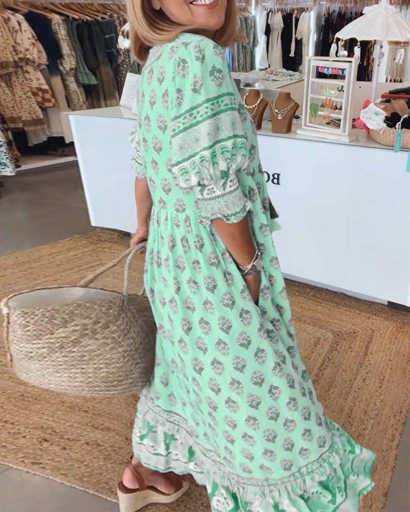 MANA | MIDI DRESS WITH FLORAL PATTERNS AND V-NECK