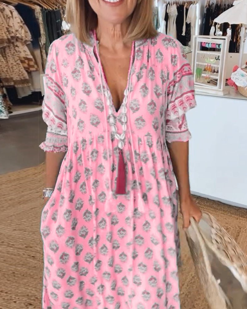 MANA | MIDI DRESS WITH FLORAL PATTERNS AND V-NECK