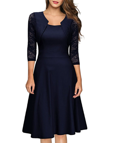 Ladies 3/4 Sleeve Lace A-Line Midi Dress