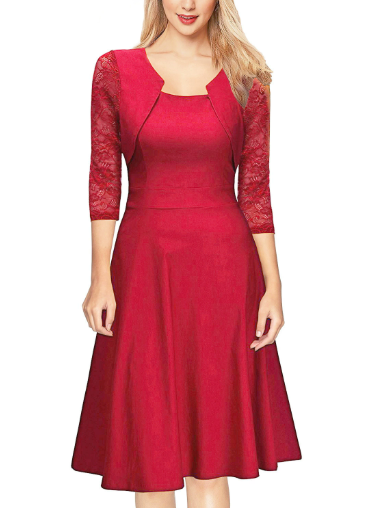 Ladies 3/4 Sleeve Lace A-Line Midi Dress