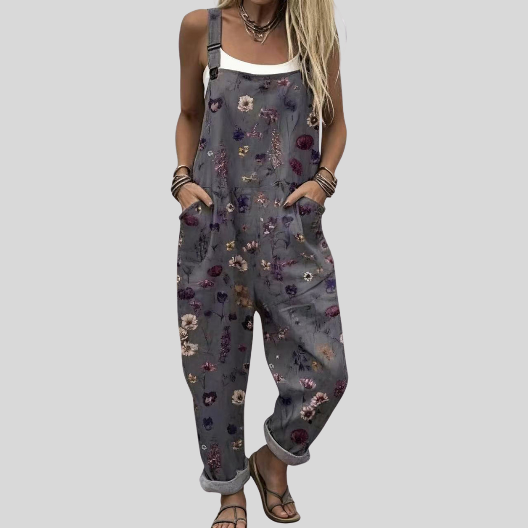 Grey Dungarees with Colourful Flowers