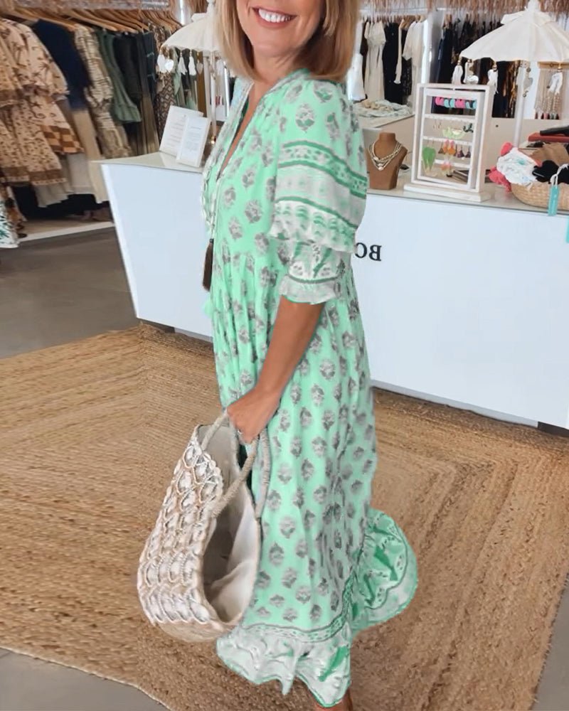 MANA | MIDI DRESS WITH FLORAL PATTERNS AND V-NECK