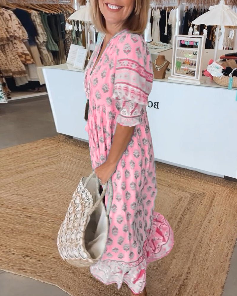 MANA | MIDI DRESS WITH FLORAL PATTERNS AND V-NECK
