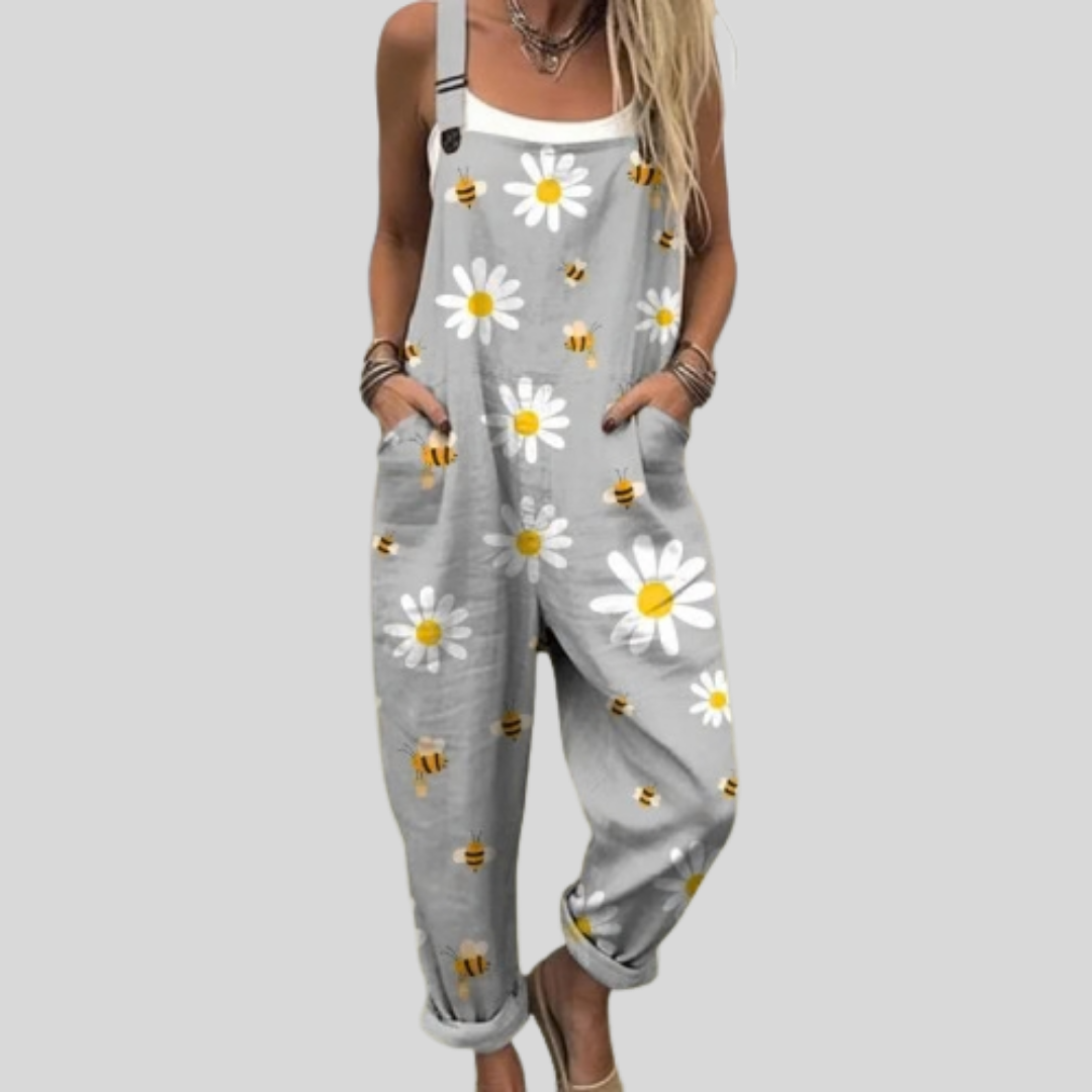 Grey Dungarees with Daisies and Bees