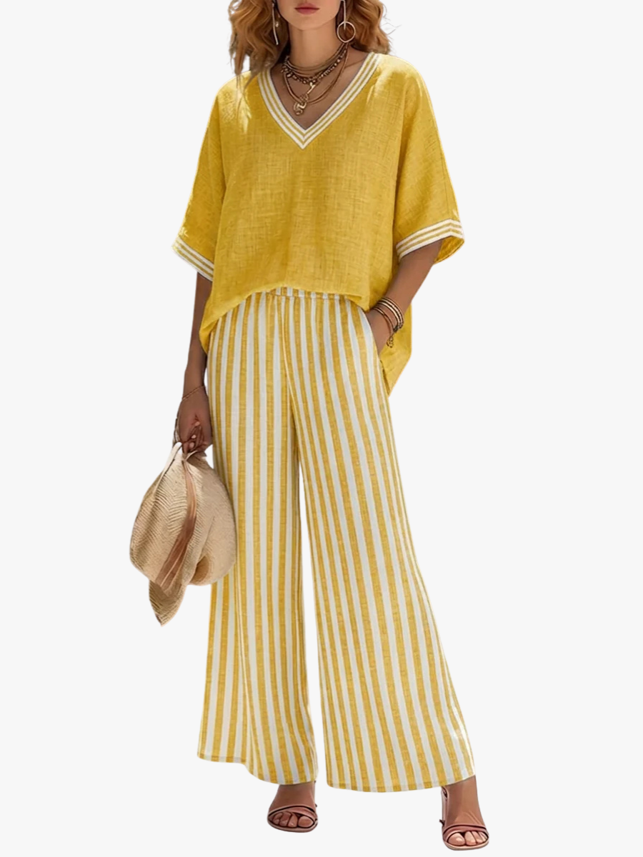 TWO-PIECE SET WITH V-NECK TOP AND WIDE TROUSERS FOR WOMEN