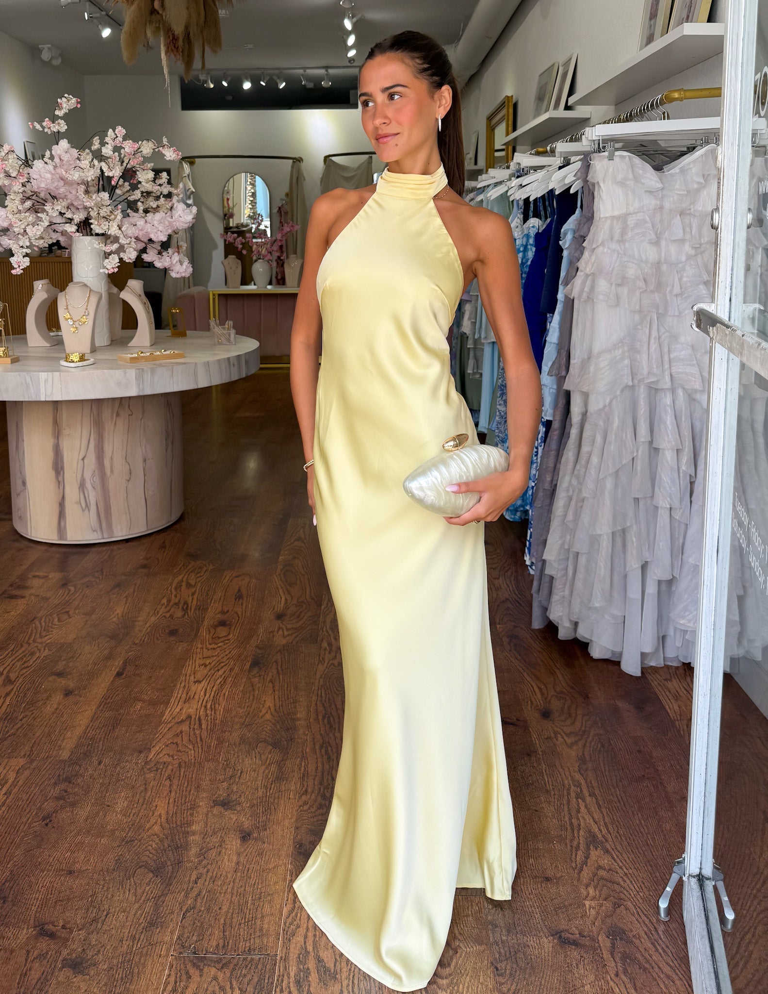 ZEYNEP | Elegant Satin Maxi Dress with Halter Neck