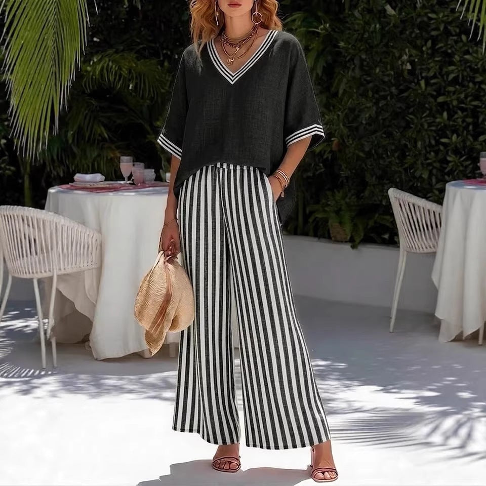 TWO-PIECE SET WITH V-NECK TOP AND WIDE TROUSERS FOR WOMEN
