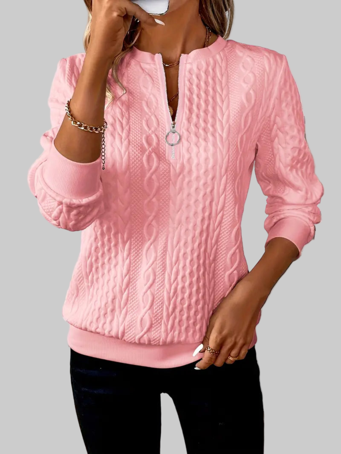 Amalie - Cable Knit Zip Sweater for Women