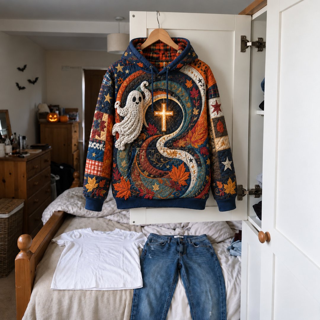 Autumn Faith Swirl Hoodie hanging on a wardrobe door above jeans and a white T-shirt
