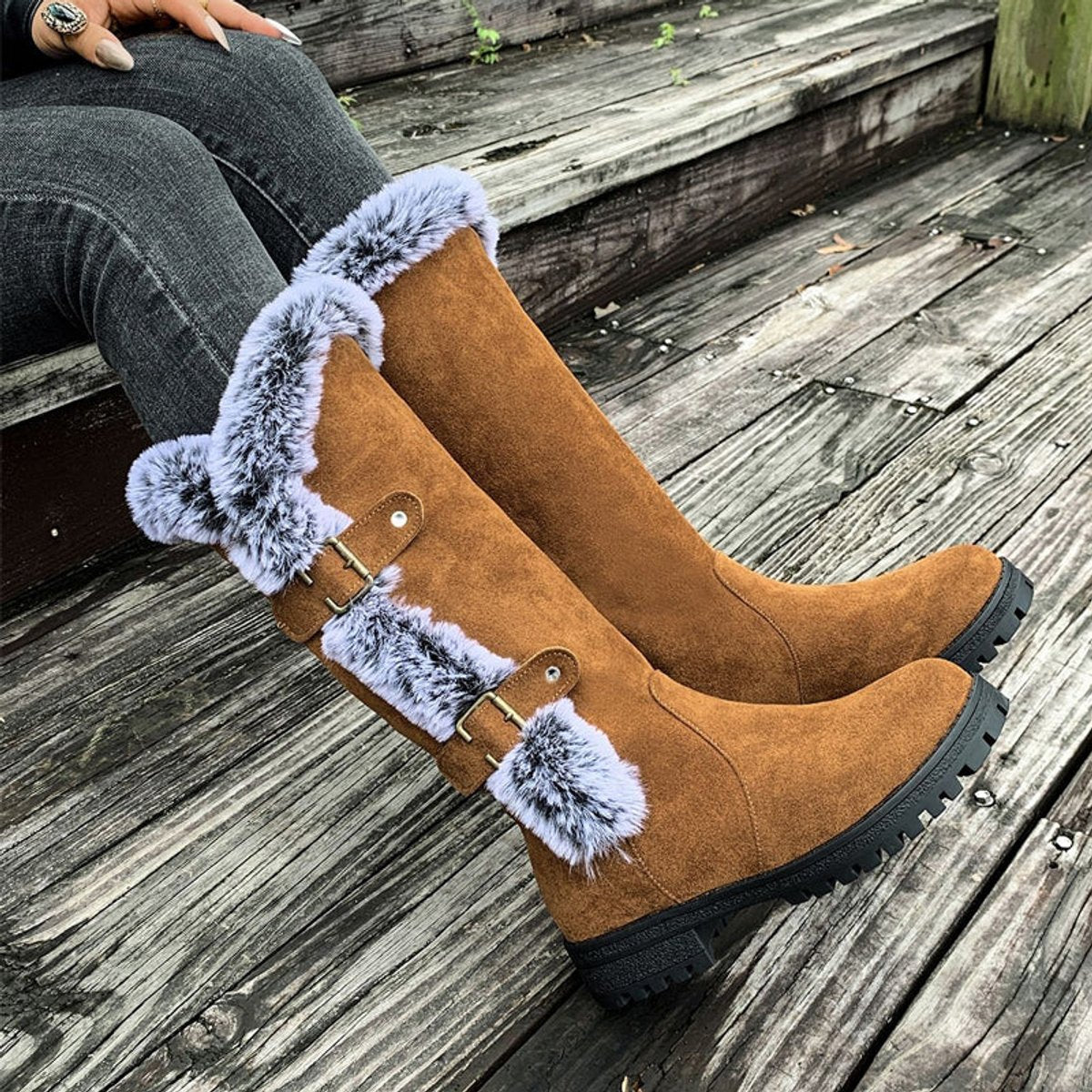 Hannah | Women's Insulated Knee-High Boots with Plush Trim and Buckles