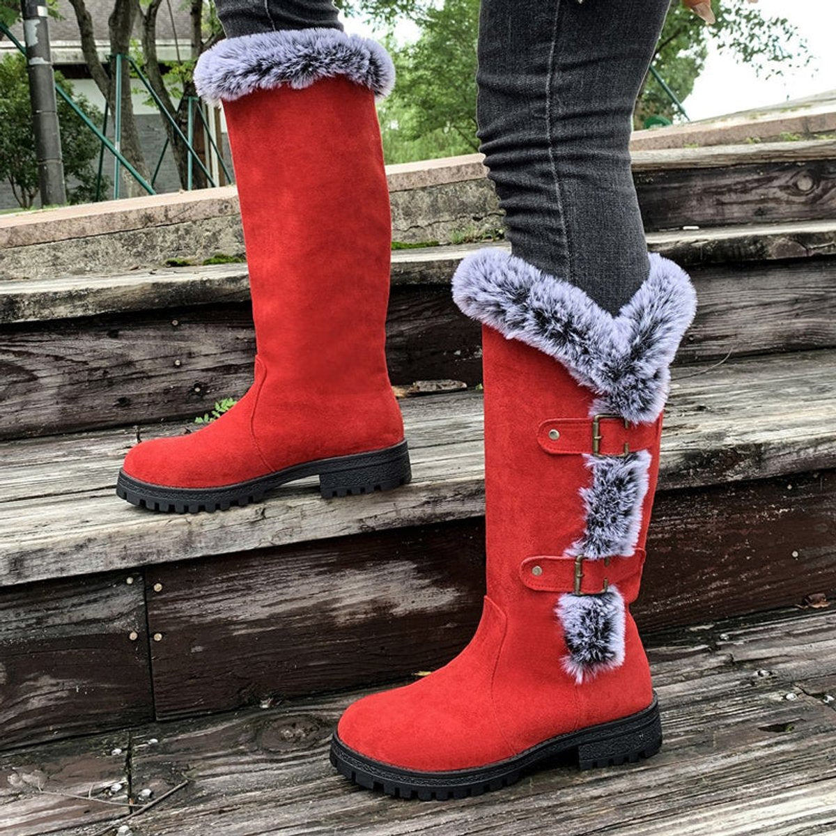 Hannah | Women's Insulated Knee-High Boots with Plush Trim and Buckles