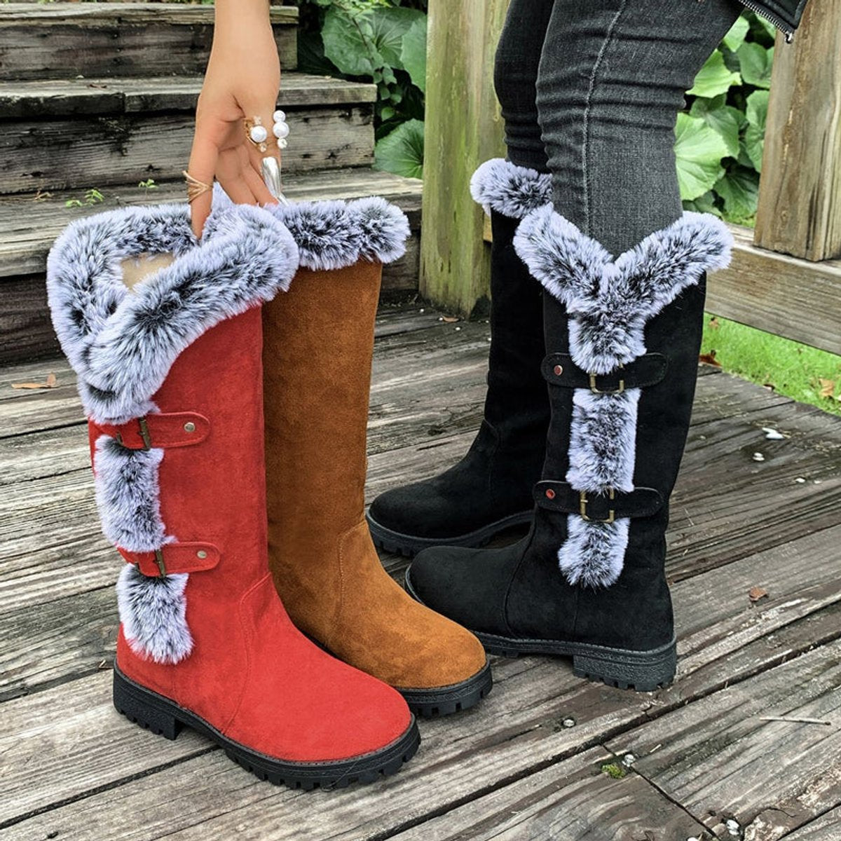 Hannah | Women's Insulated Knee-High Boots with Plush Trim and Buckles