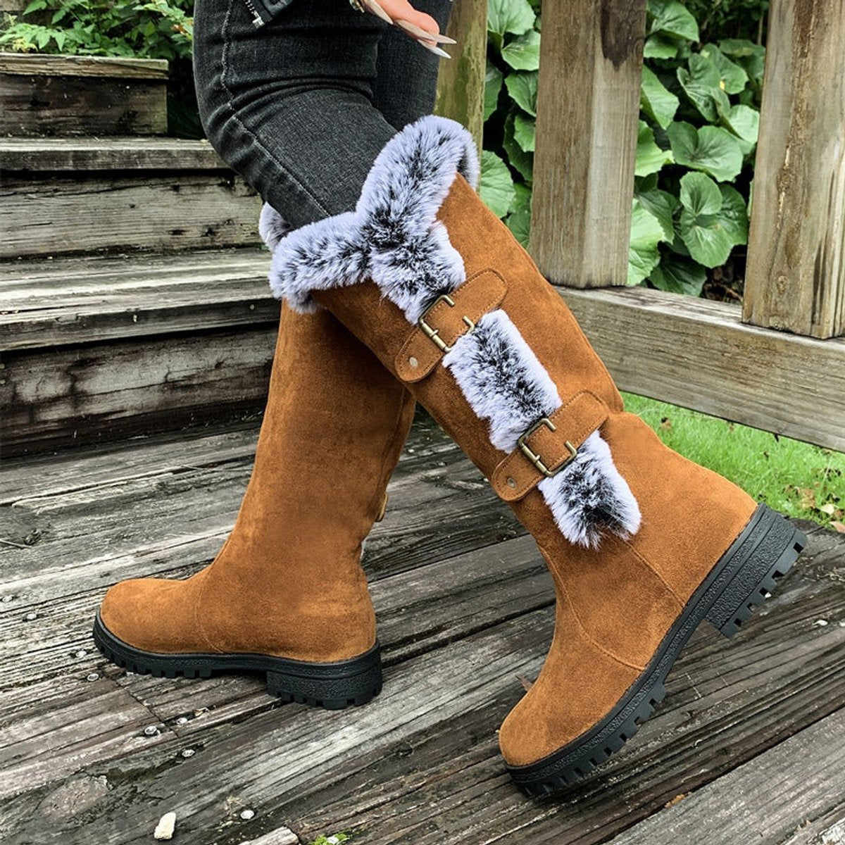 Hannah | Women's Insulated Knee-High Boots with Plush Trim and Buckles