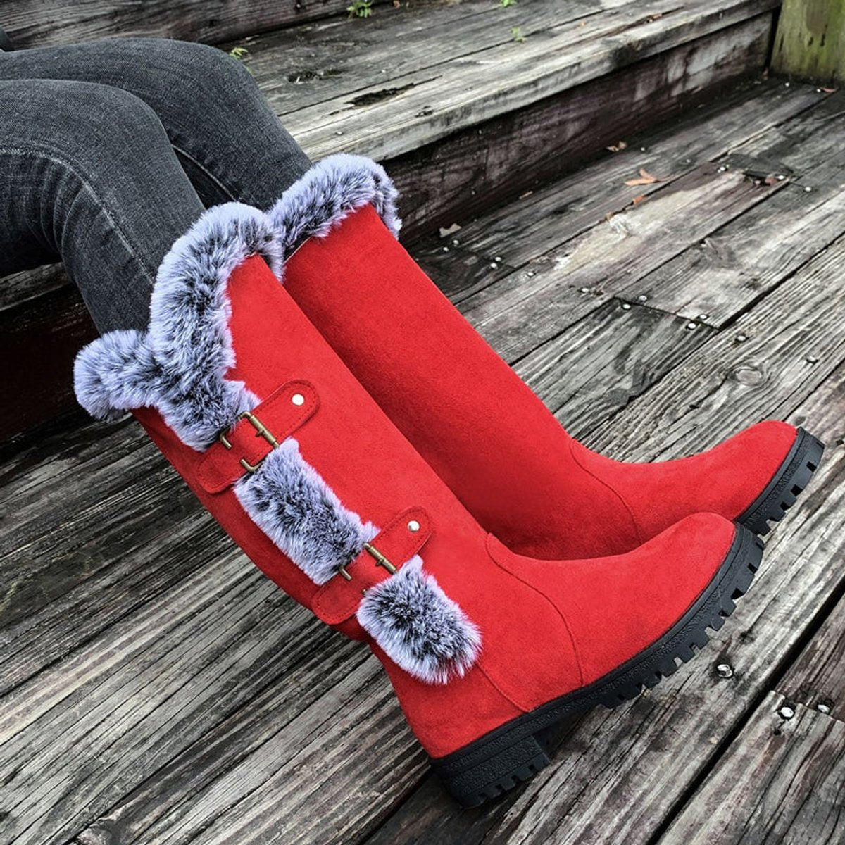 Hannah | Women's Insulated Knee-High Boots with Plush Trim and Buckles