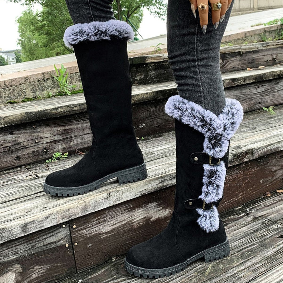 Hannah | Women's Insulated Knee-High Boots with Plush Trim and Buckles