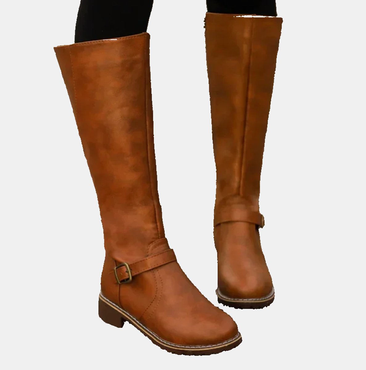 Nora | Women's Knee High Boots Faux Leather Buckle Zip Knee High Boots