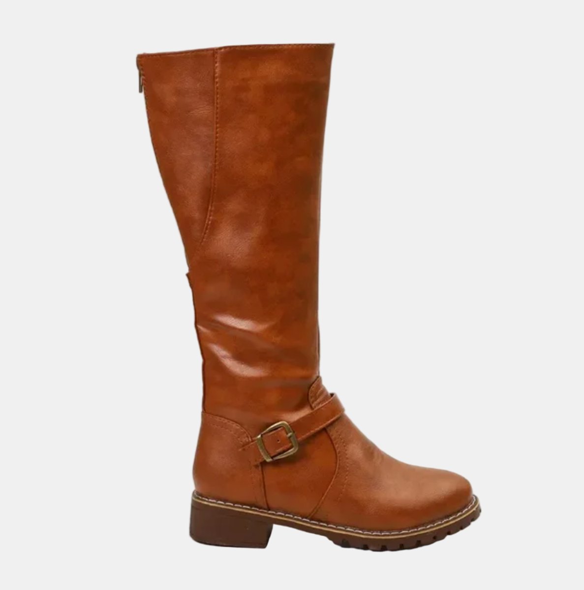 Nora | Women's Knee High Boots Faux Leather Buckle Zip Knee High Boots
