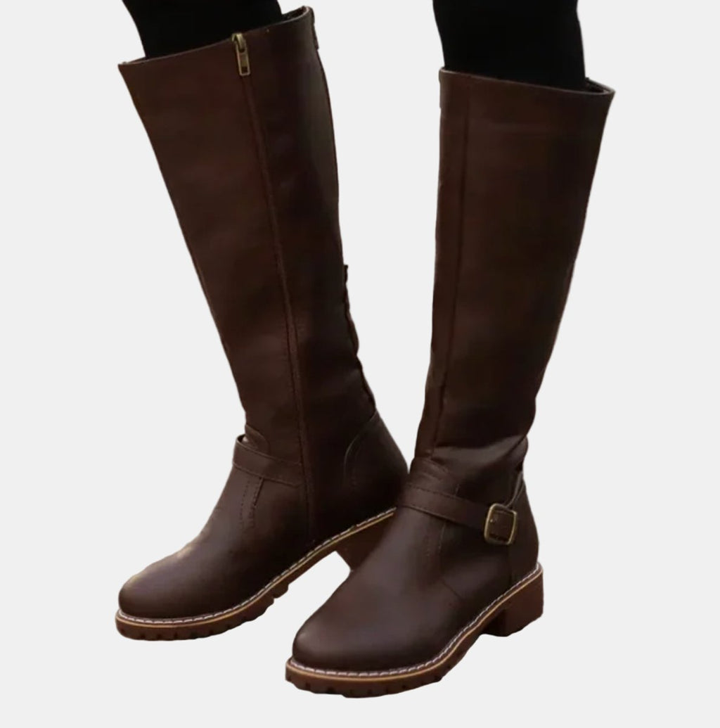 Nora | Women's Knee High Boots Faux Leather Buckle Zip Knee High Boots