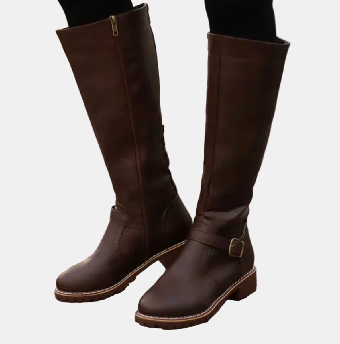 Nora | Women's Knee High Boots Faux Leather Buckle Zip Knee High Boots