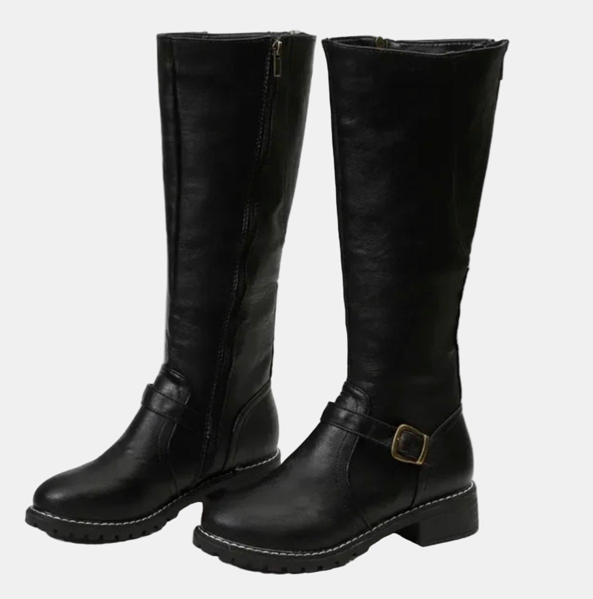 Nora | Women's Knee High Boots Faux Leather Buckle Zip Knee High Boots
