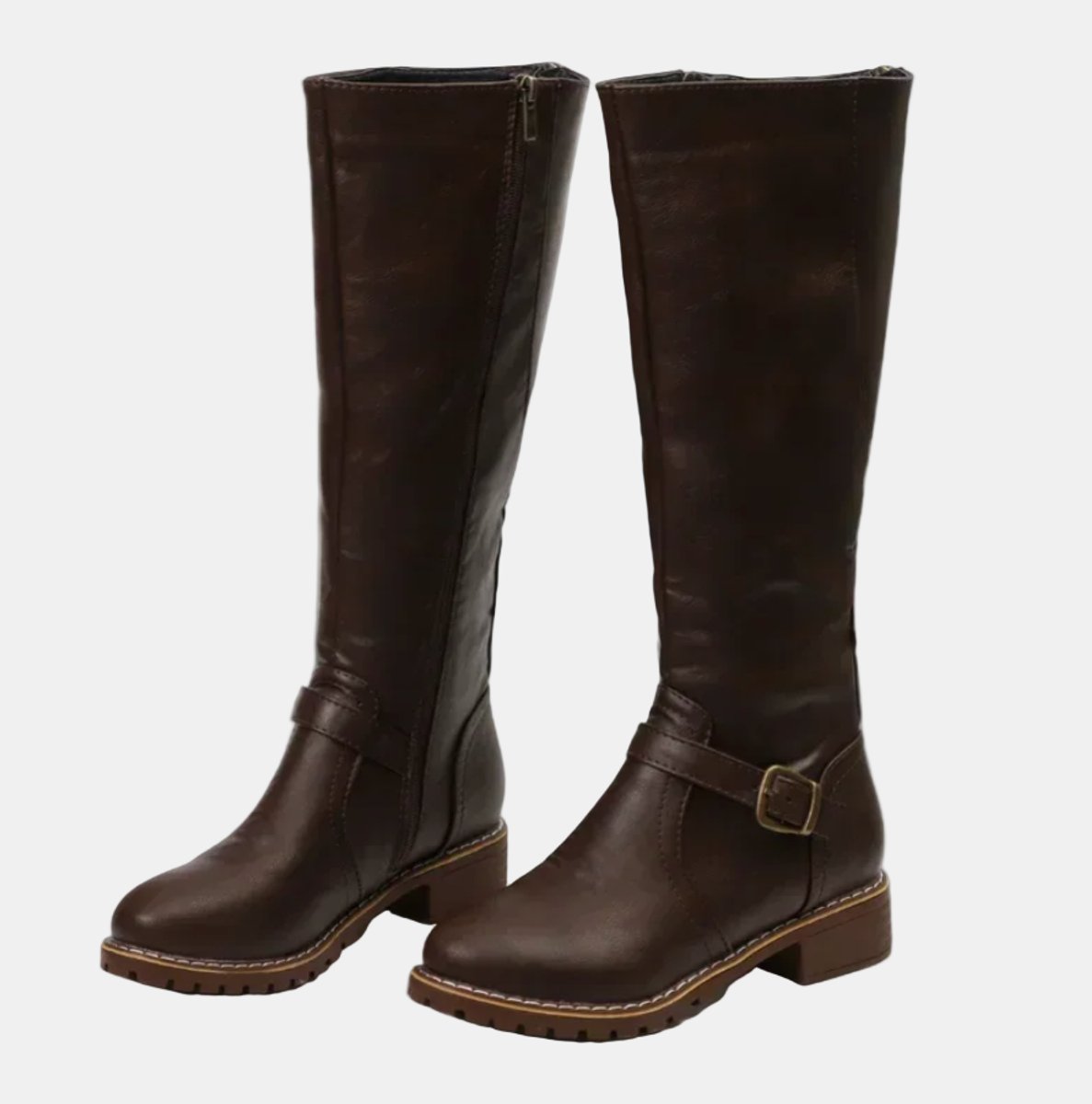 Nora | Women's Knee High Boots Faux Leather Buckle Zip Knee High Boots