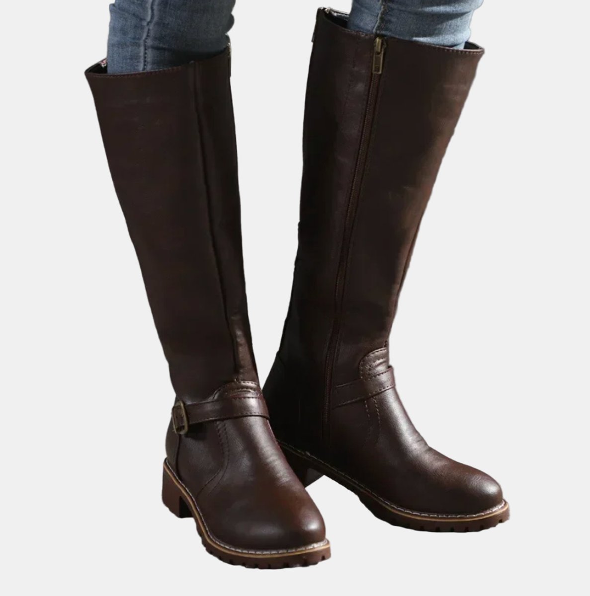 Nora | Women's Knee High Boots Faux Leather Buckle Zip Knee High Boots