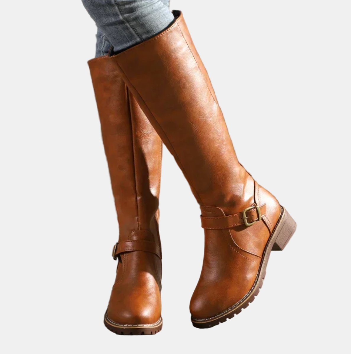 Nora | Women's Knee High Boots Faux Leather Buckle Zip Knee High Boots