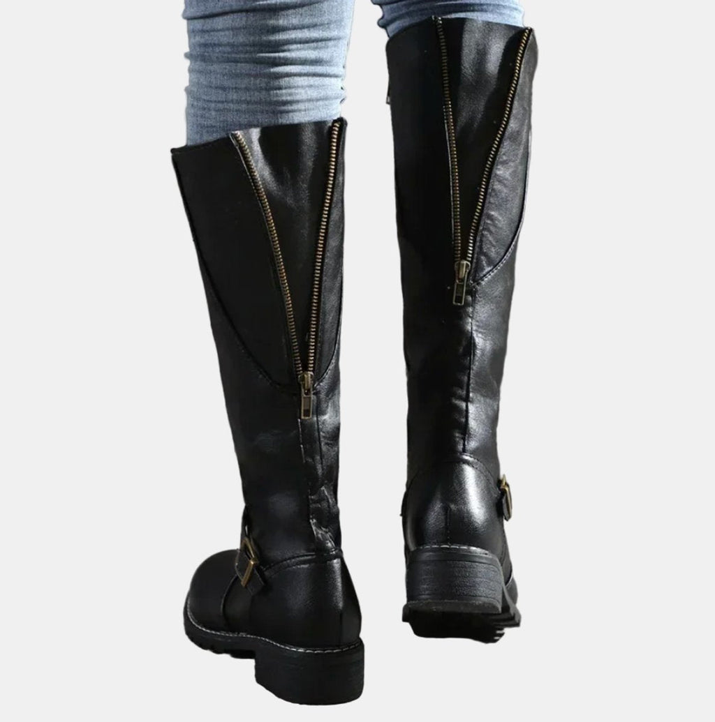 Nora | Women's Knee High Boots Faux Leather Buckle Zip Knee High Boots
