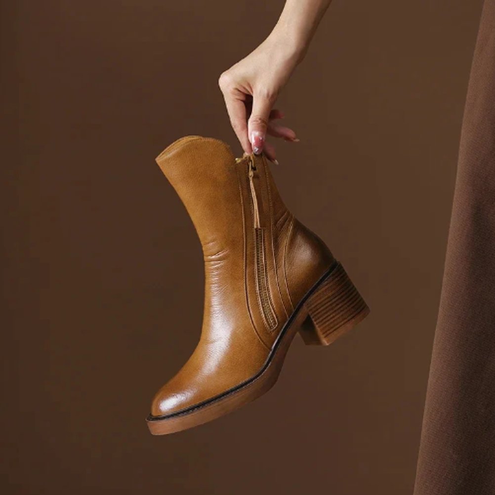 Charlotte | Women's Leather Ankle Boots with Block Heel and Zip