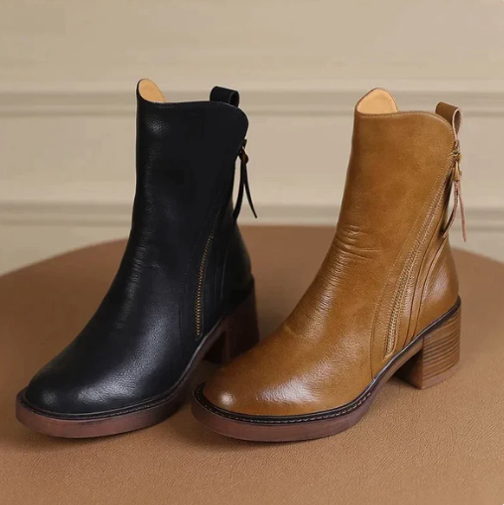 Charlotte | Women's Leather Ankle Boots with Block Heel and Zip