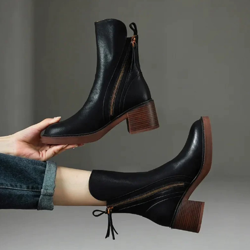Charlotte | Women's Leather Ankle Boots with Block Heel and Zip