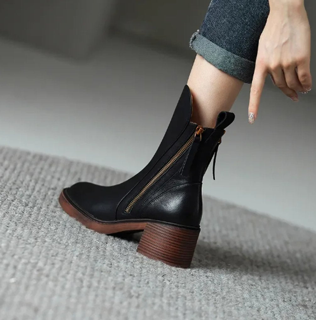 Charlotte | Women's Leather Ankle Boots with Block Heel and Zip