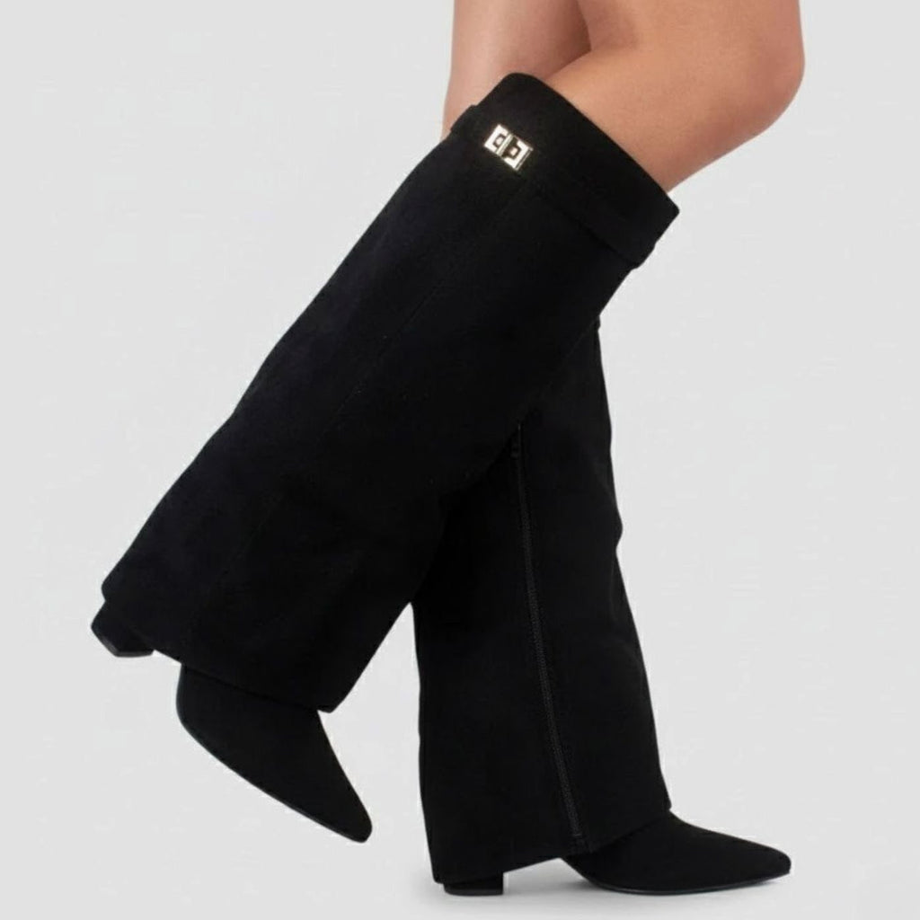 Nora | Women's Over-the-Knee Boots with Buckle, Pointed Block Heel, Suede