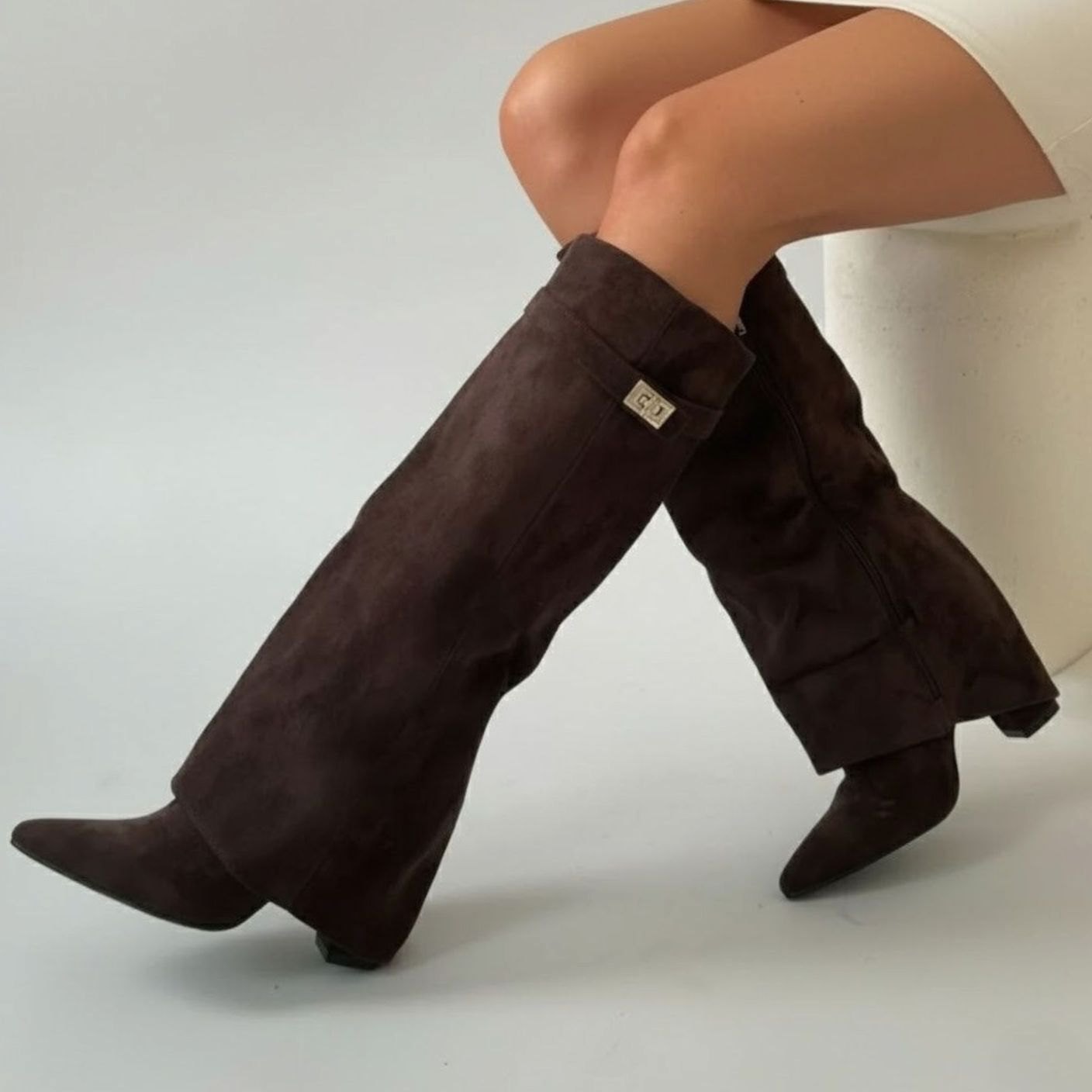 Nora | Women's Over-the-Knee Boots with Buckle, Pointed Block Heel, Suede