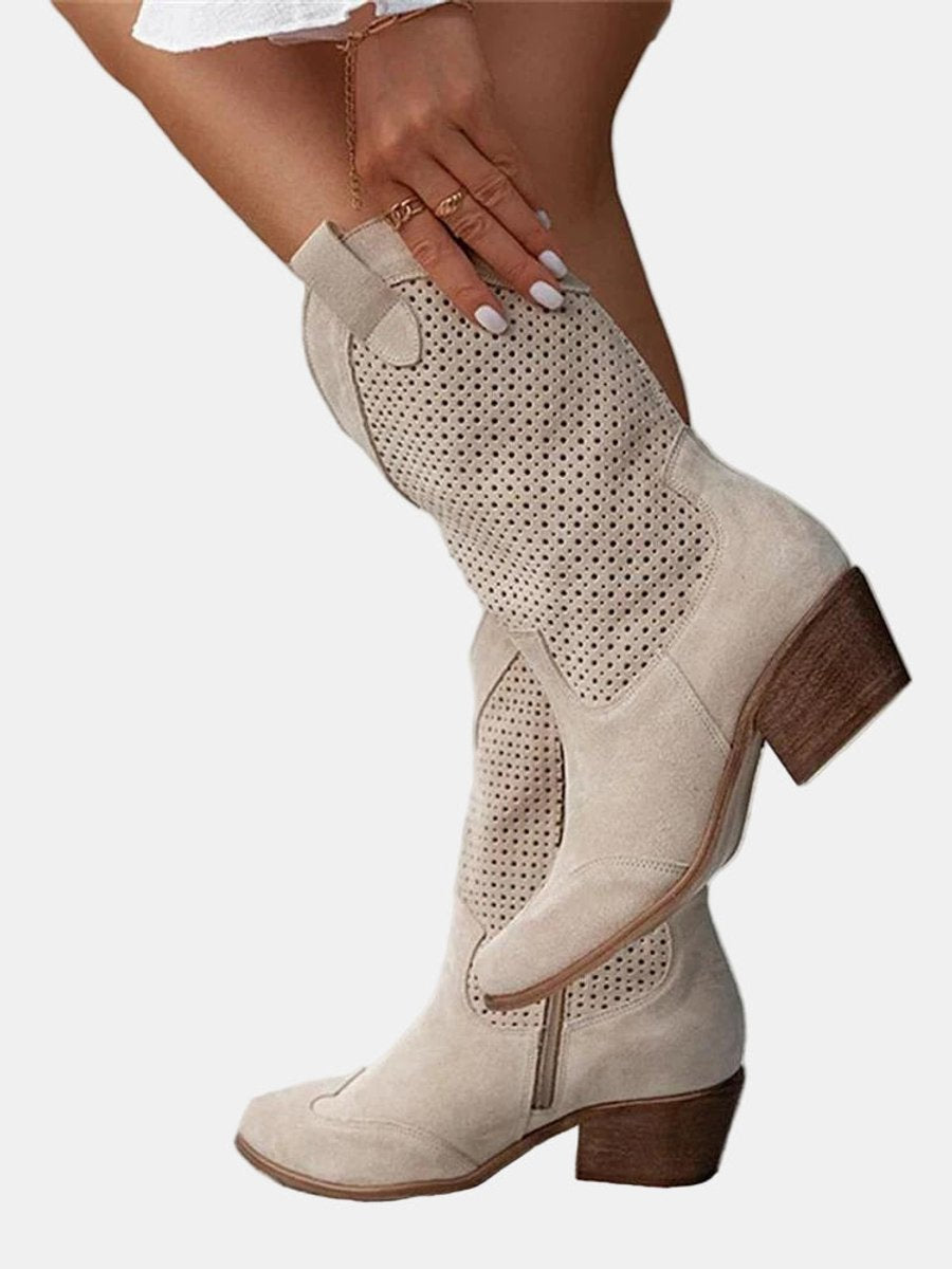 Clara | Women's Perforated Knee-High Boots with Block Heel in Suede Look