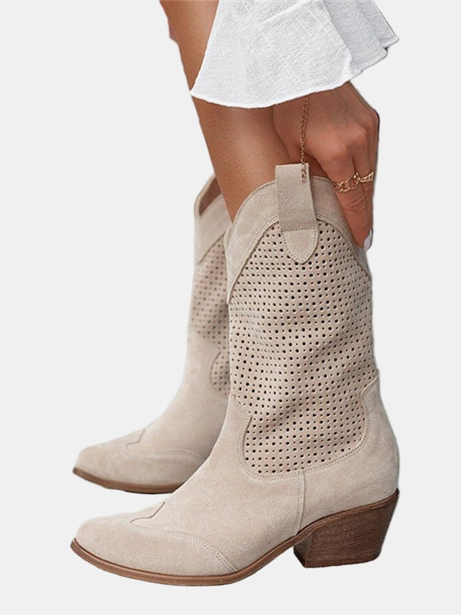 Clara | Women's Perforated Knee-High Boots with Block Heel in Suede Look