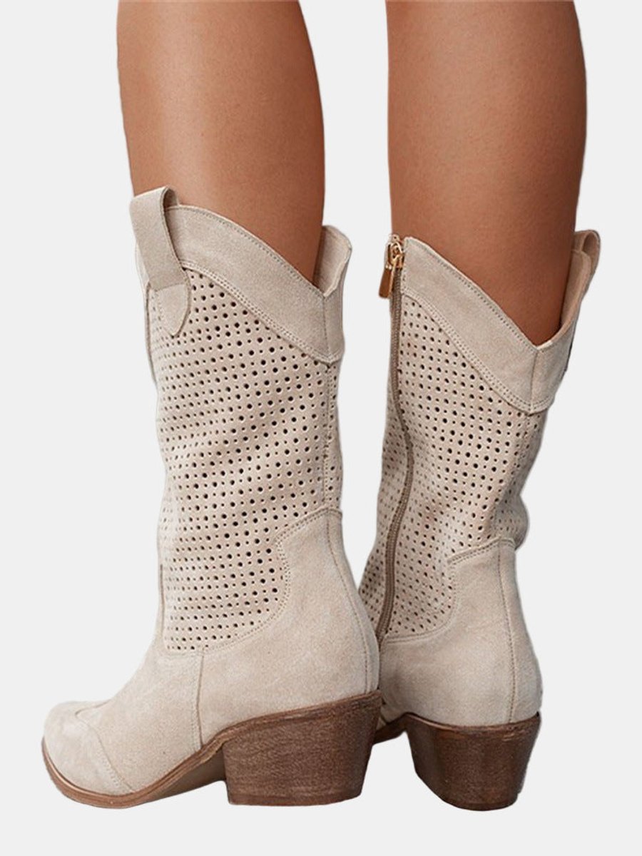 Clara | Women's Perforated Knee-High Boots with Block Heel in Suede Look