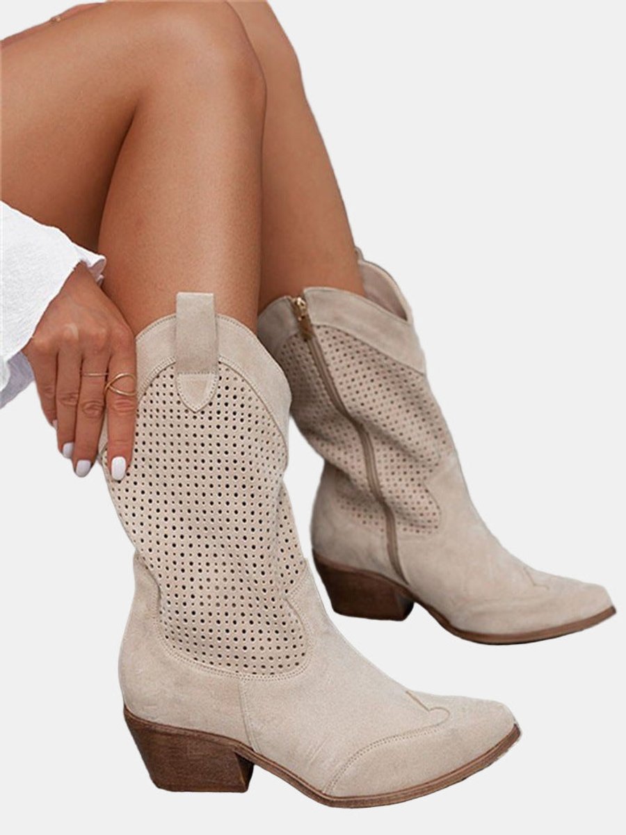 Clara | Women's Perforated Knee-High Boots with Block Heel in Suede Look