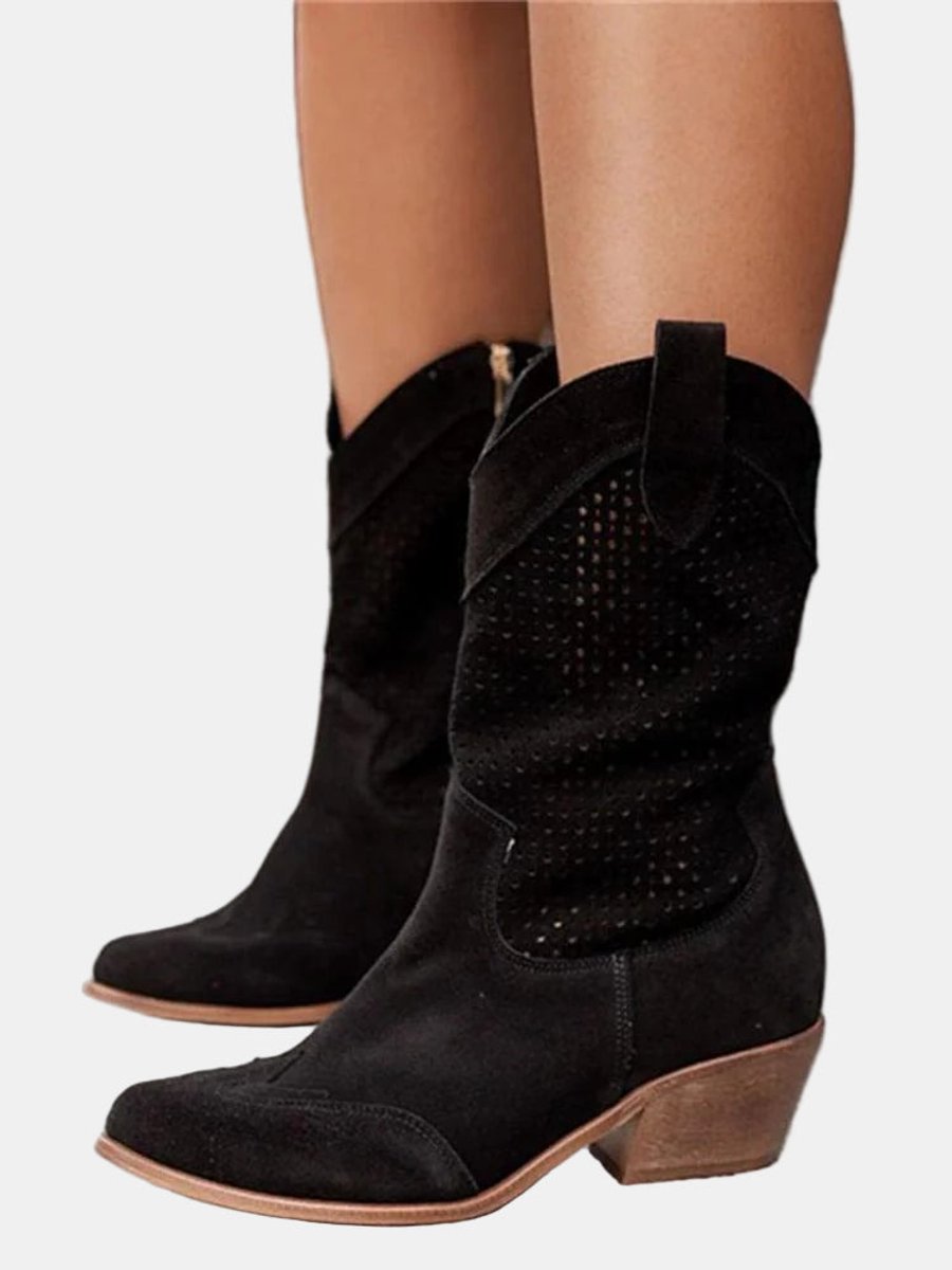 Clara | Women's Perforated Knee-High Boots with Block Heel in Suede Look