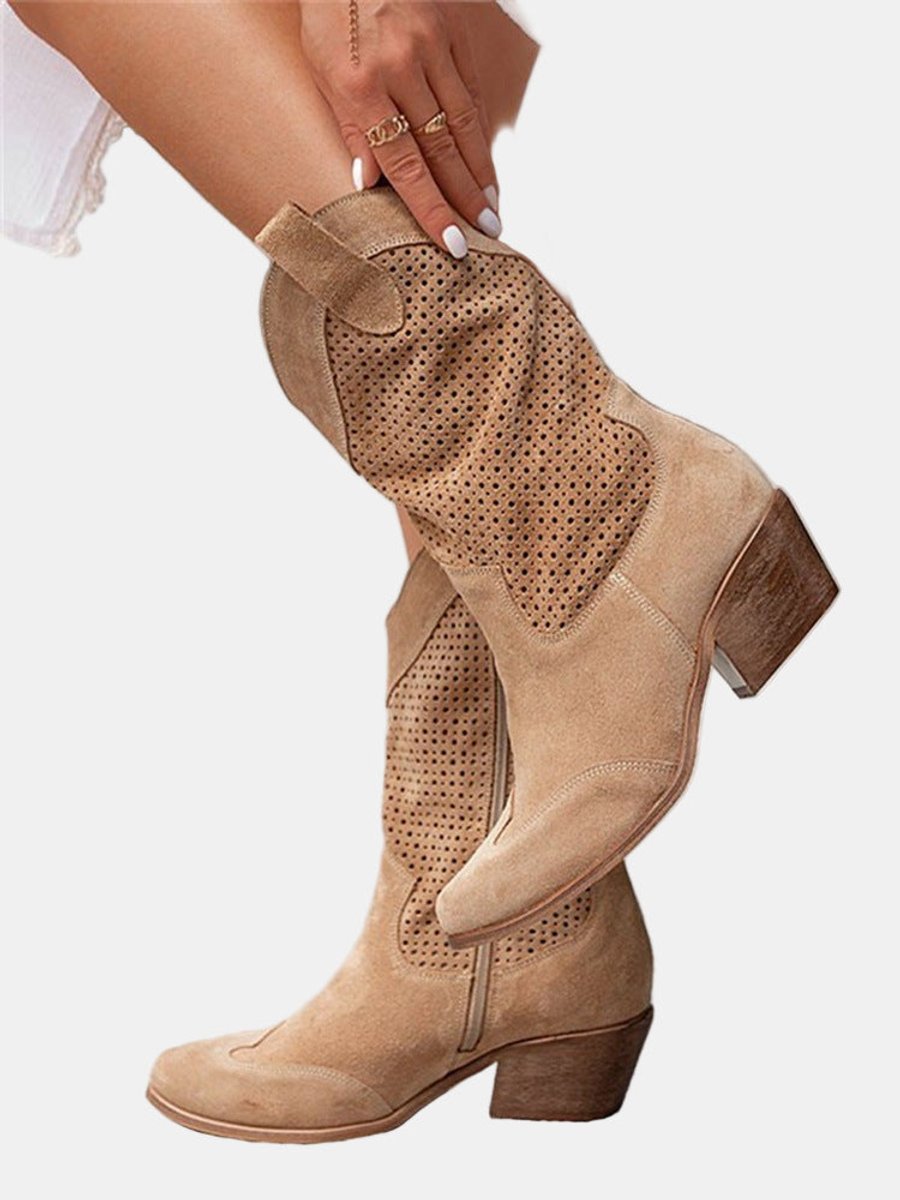 Clara | Women's Perforated Knee-High Boots with Block Heel in Suede Look