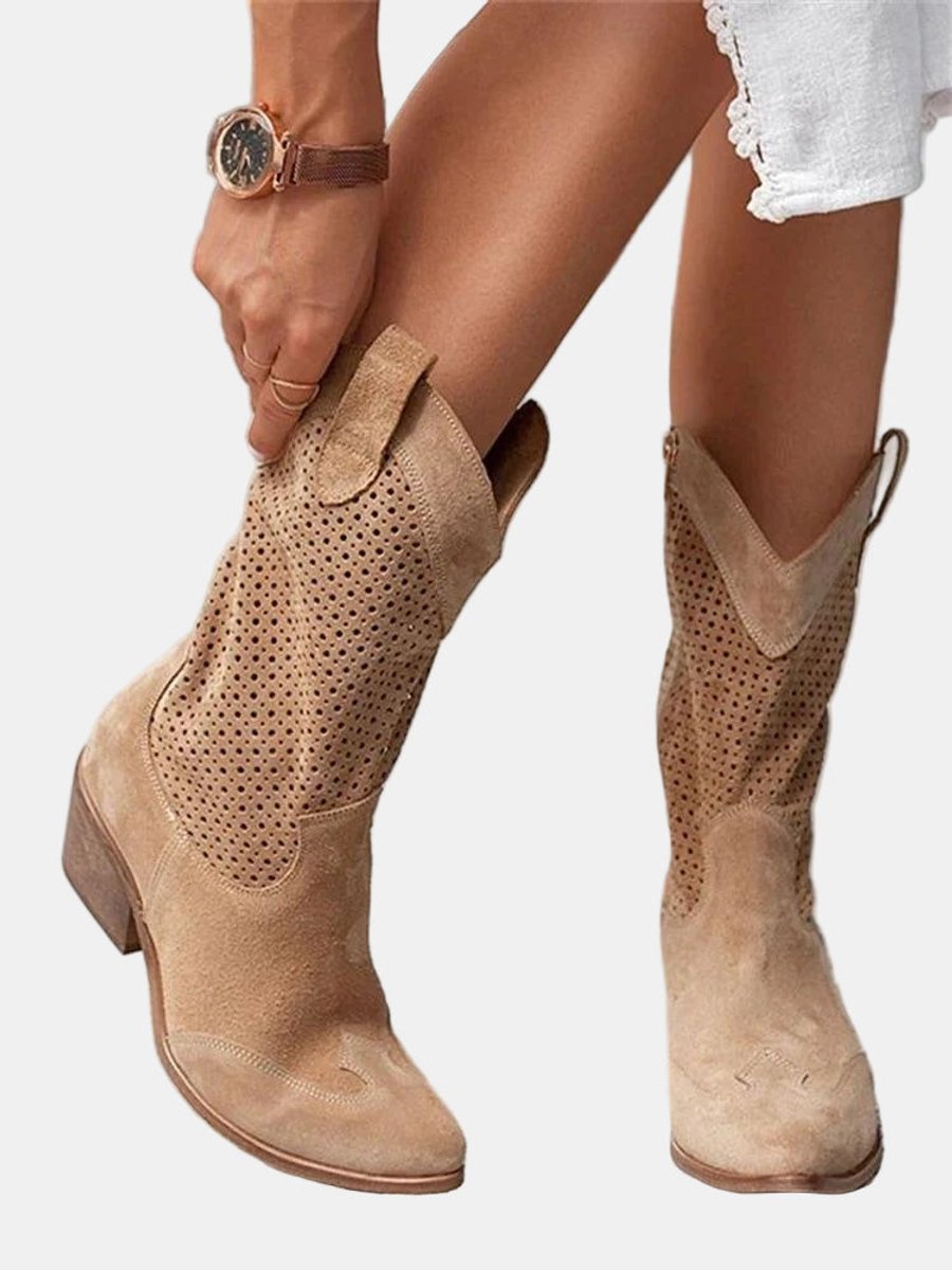 Clara | Women's Perforated Knee-High Boots with Block Heel in Suede Look